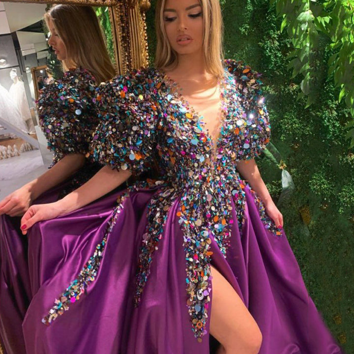 Damen Glamouröses Abendkleid mit voluminösen Puffärmeln und funkelndem Dekolleté Drune