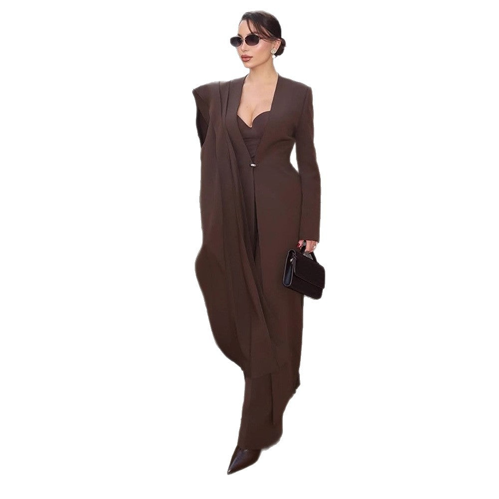 Damen elegante Bodentiefe Blazer-Kleid Drune