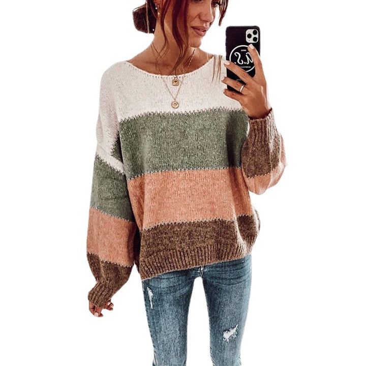 Damen Großer Strickpullover mit breitem Rundhalsausschnitt und kontrastierenden Blockstreifen Drune