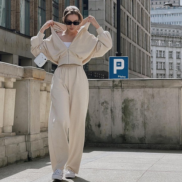 Damen kombinierter Sweat-Hoodie und Weite Hose Set Drune