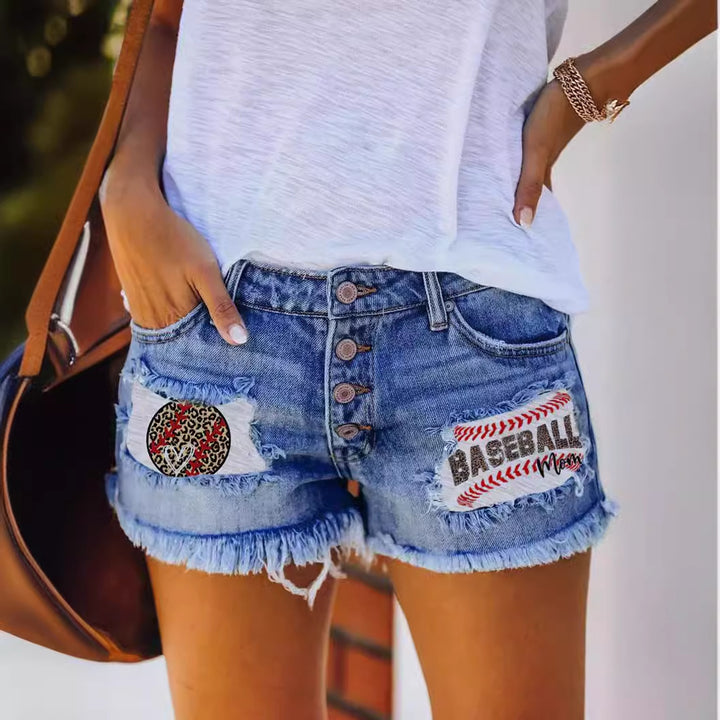 Damen Denim-Shorts mit Vintage-Fransen und patriotischen Applikationen Drune