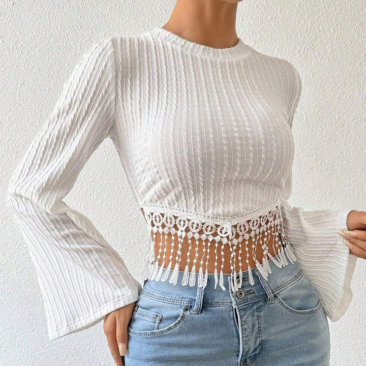 Damen elegantes Crop-Oberteil mit schickem Trompetenärmel und Spitze Drune