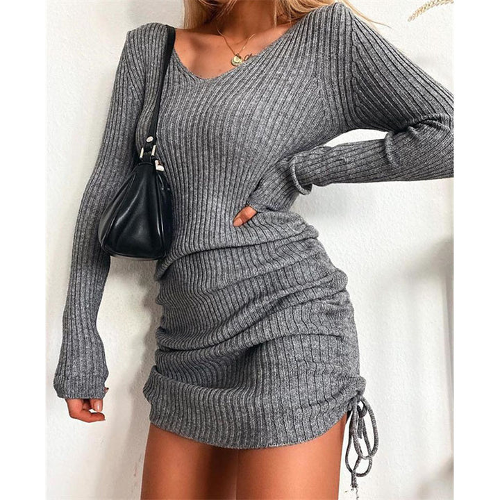 Damen Strick Mini-Kleid mit Raffung und V-Ausschnitt Drune