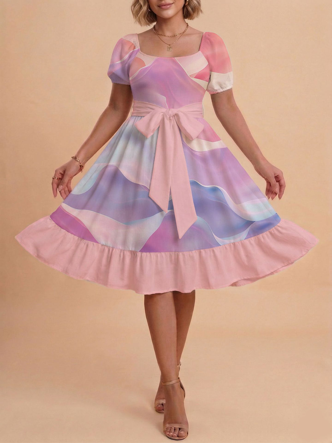 Damen Retro Maxikleid mit Puffärmeln und Taillengürtel Drune