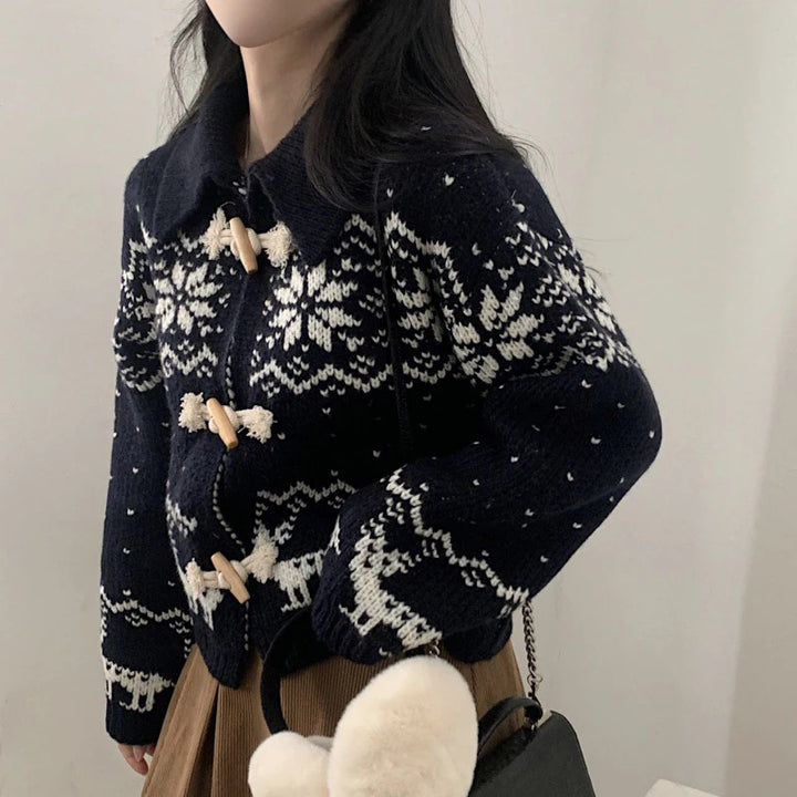 Damen Strickjacke mit kreativem Tiermotiv und hochwertigen Holzknöpfen Drune