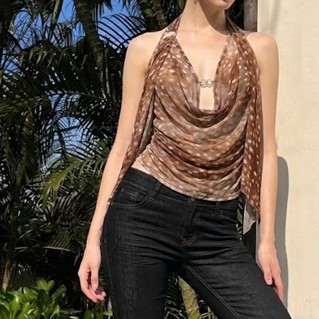 Damen Schicke Halterneck Bluse mit Drapierung Drune