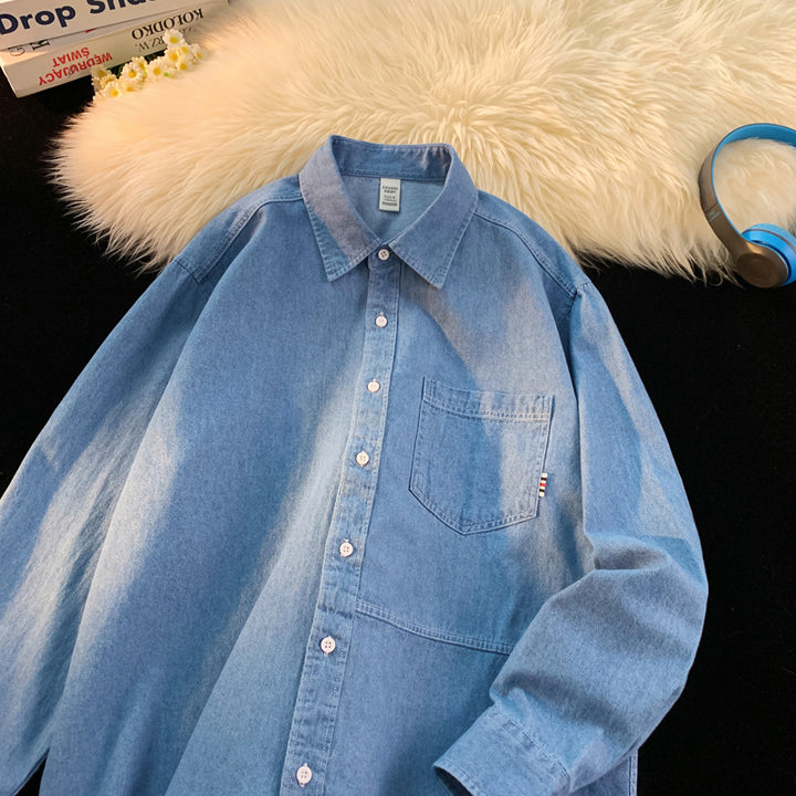 Herren Denim Longsleeve Hemd mit klassischem Button-Down-Kragen Drune