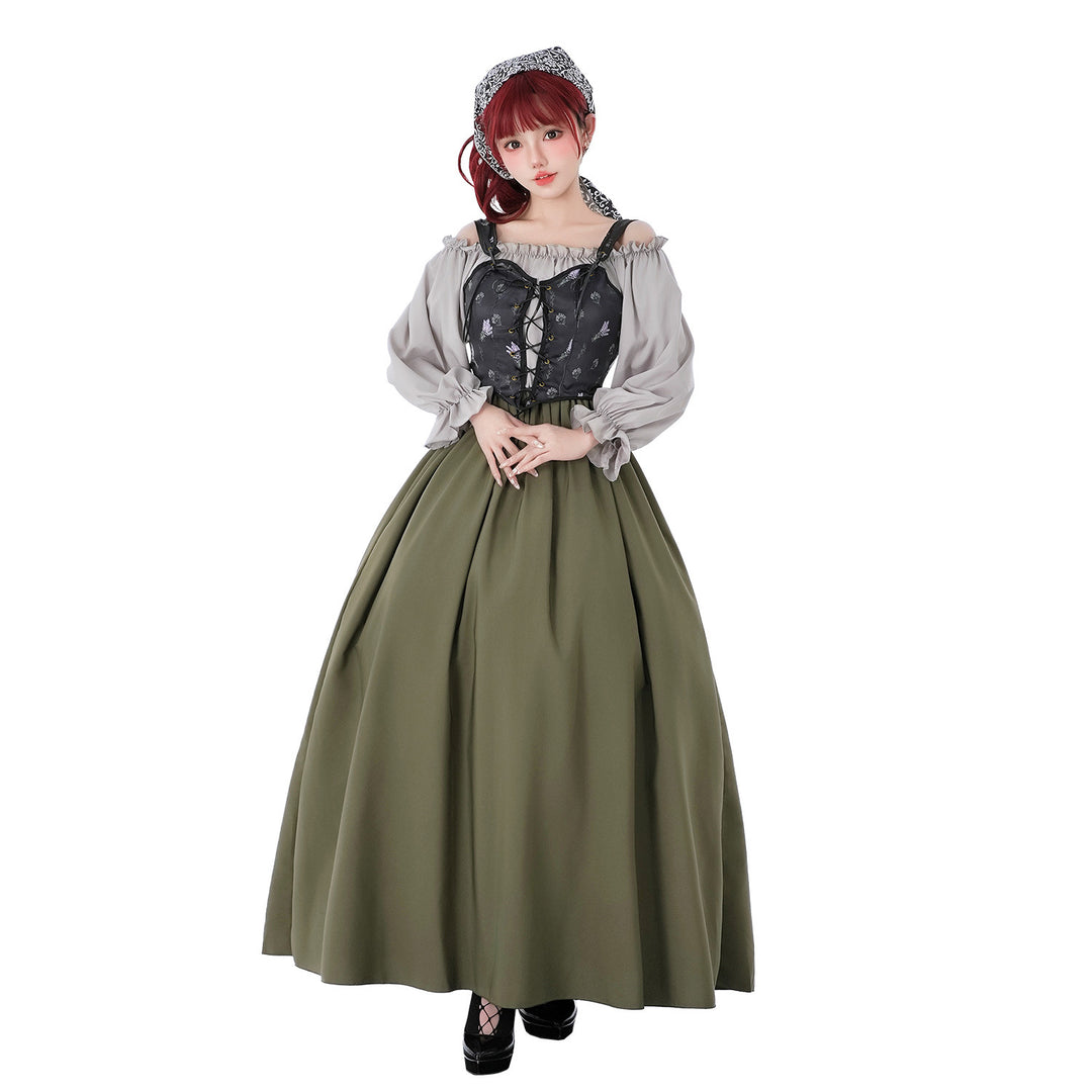 Damen nan Renaissance-inspiriertes Maxikleid mit Schnürkorsett und Carmenärmeln Drune