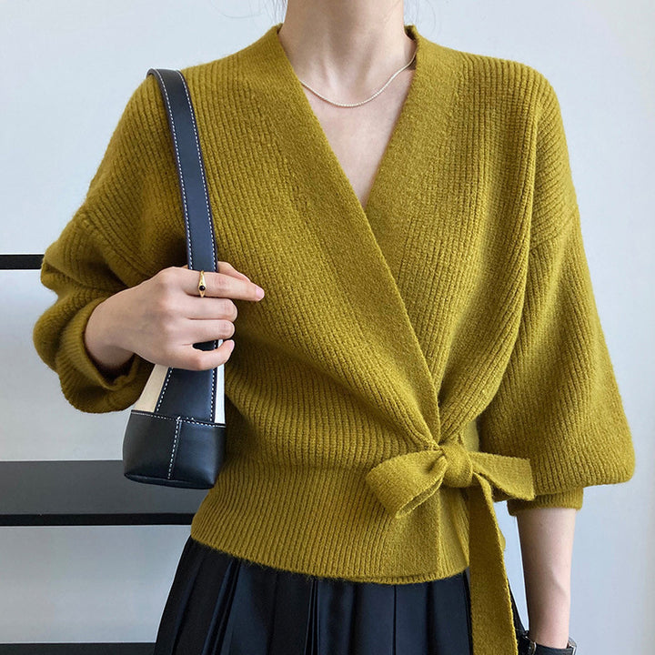 Damen Wickelpullover mit breiten Ärmeln und Taillengürtel Drune