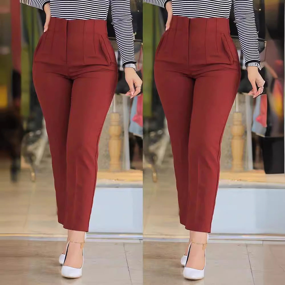 Damen Hochtaillierte Slim-Fit Hose mit eingearbeiteten Falten Drune