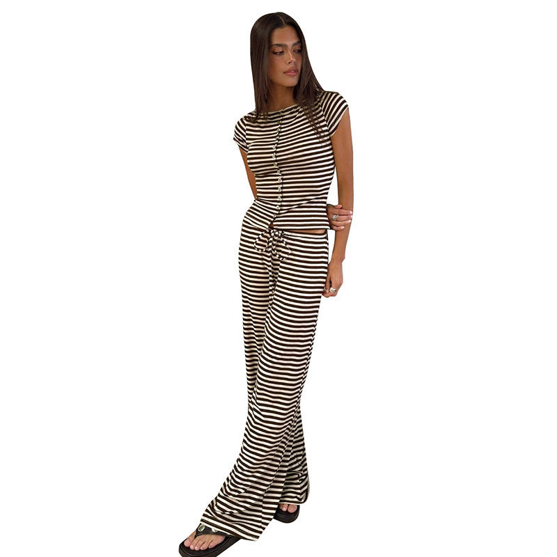 Damen Kurzarm Oberteil im Streifenlook mit Knopfdetails Drune