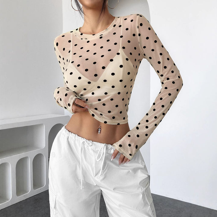 Damen nan bauchfreies Netzstoff-Oberteil mit Punktmuster und integriertem Bustier Drune