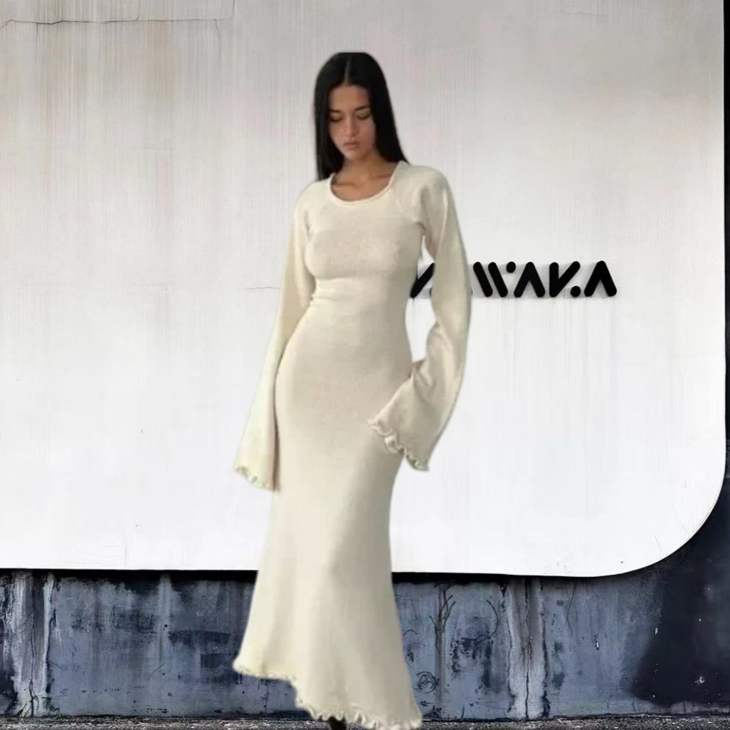 Damen Elegantes Maxikleid mit raffiniertem Rippdesign und fransigen Ärmeln Drune