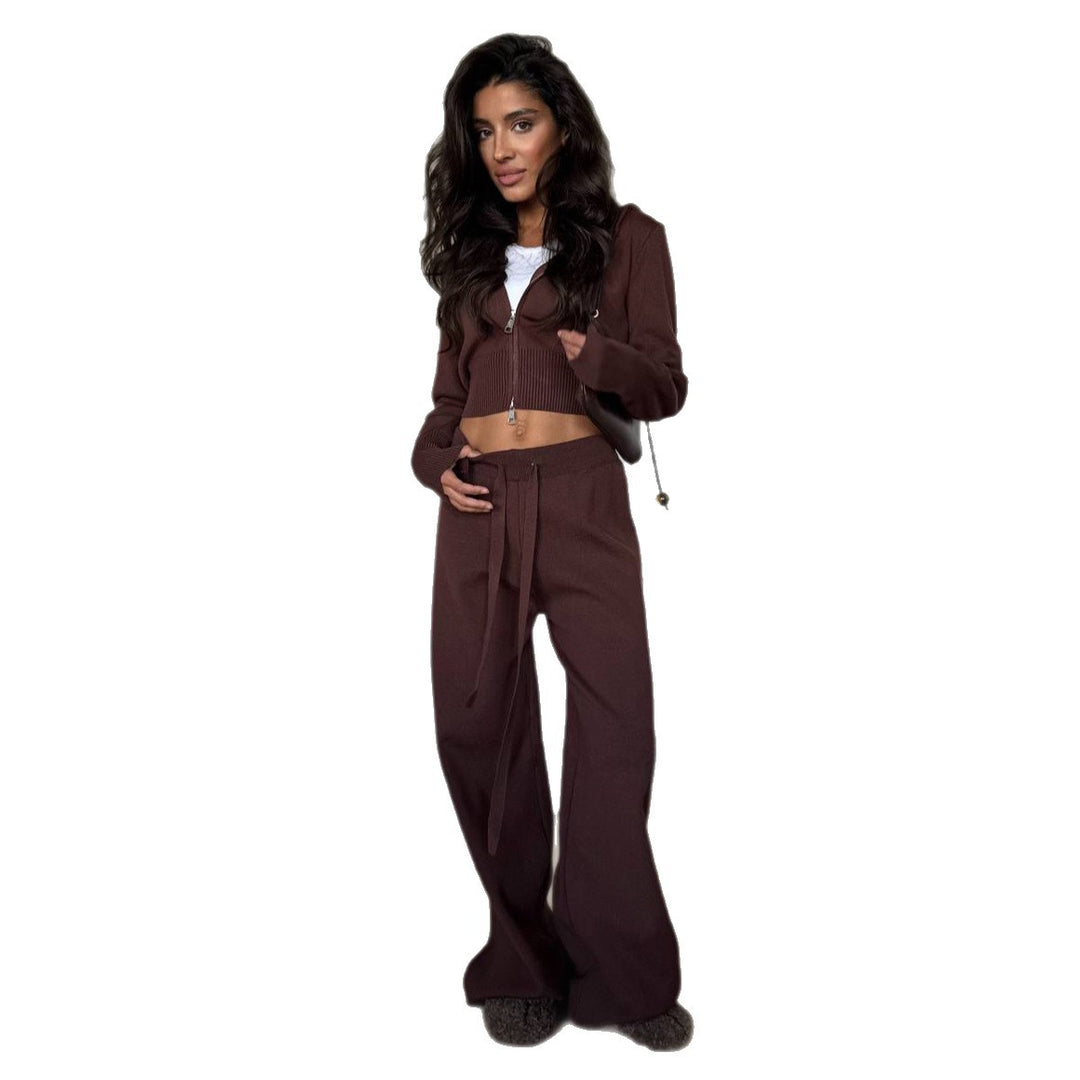 Damen Lässiges Strick-Set mit cropped Jacke und weitem Hosenstil Drune