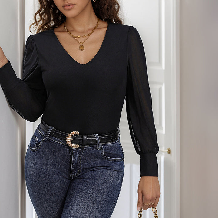 Damen Body mit tiefem V-Ausschnitt und eleganten Puffärmeln Drune