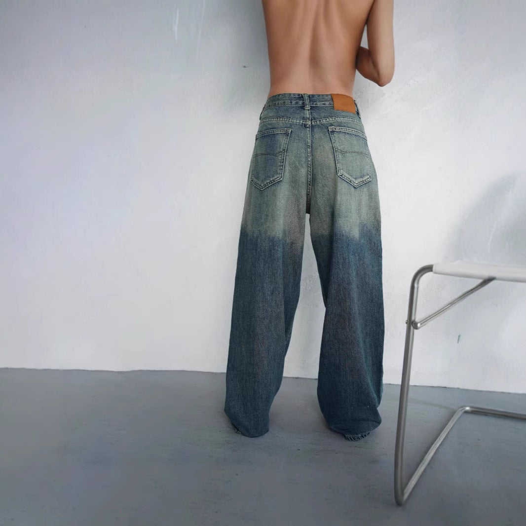Damen lockere High-Waist Jeans mit angesagtem Farbverlauf und weitem Bein Drune