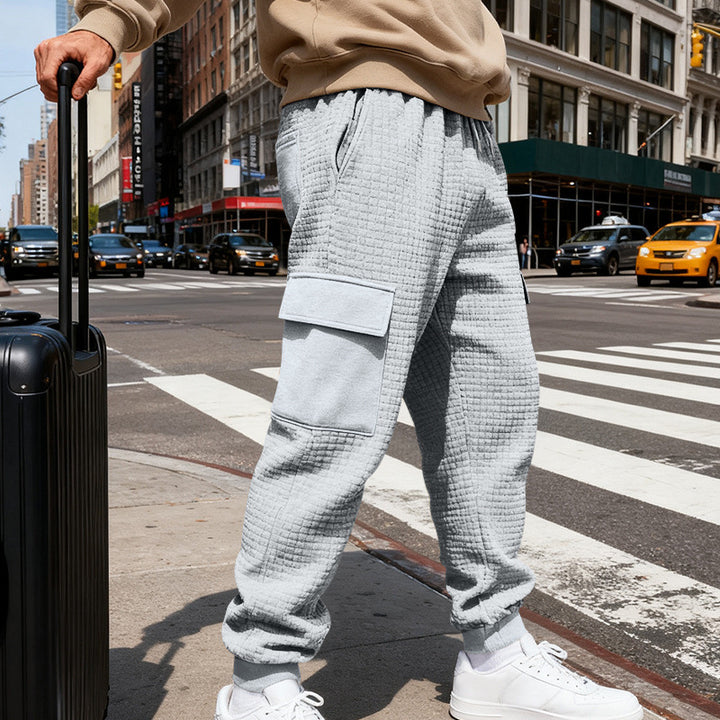 Herren nan Waffelstruktur Cargohose im Joggingstil mit Klappentaschen und elastischem Bund Drune