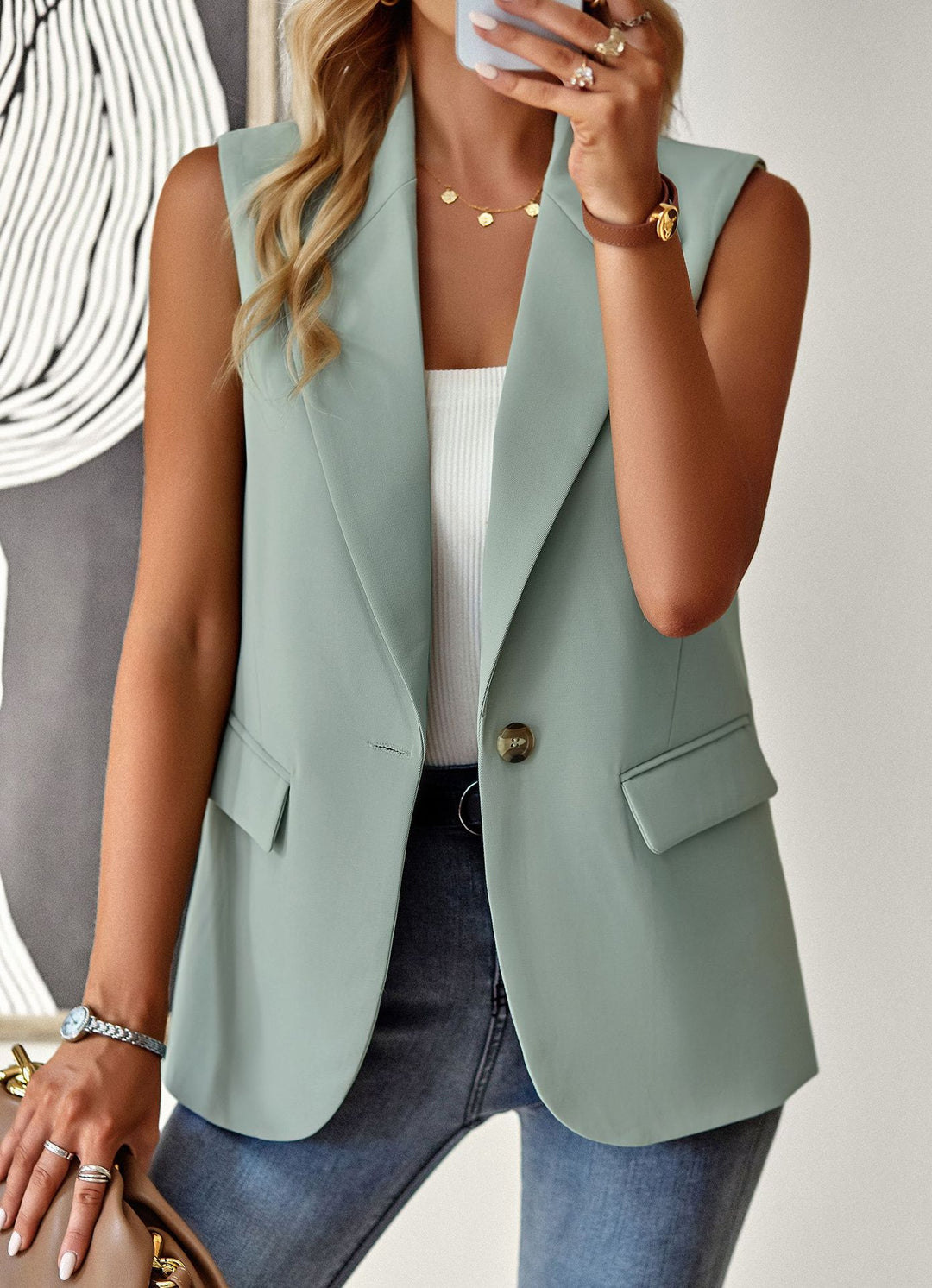 Damen lässiger Blazer ohne Ärmel mit tailliertem Schnitt und eleganten Taschen Drune