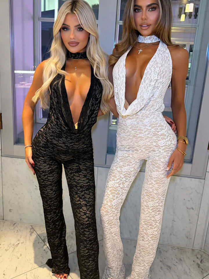 Damen Jumpsuit aus feiner Spitze mit tiefem V-Ausschnitt und eleganter Rückenpartie Drune