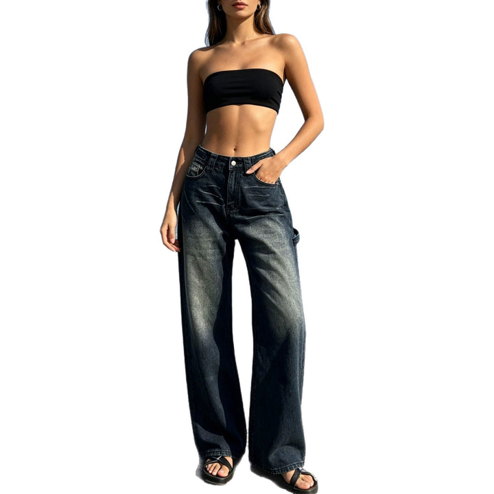 Damen nan weite High‑Waist Carpenter-Denimhose mit Utility-Seitentasche und ausgestelltem Bein Drune