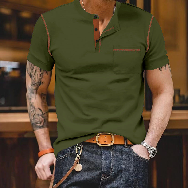 Herren nan urbanes Kurzarmshirt mit Stehkragen, halber Knopfleiste und Brusttasche Drune