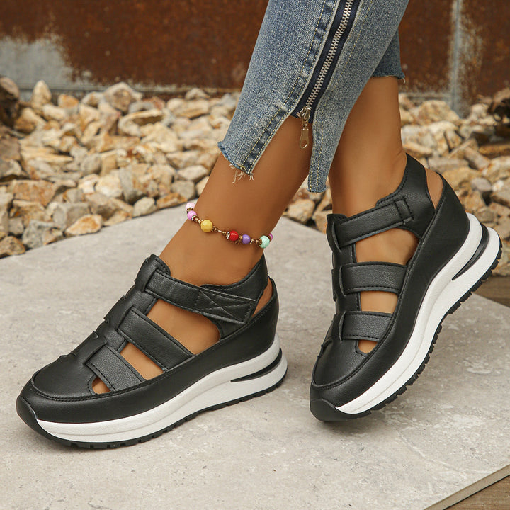 Damen nan geschlossene Riemchensandalette mit ergonomischer Keilplattform, verstellbarem Klettverschluss und rutschfester Profilsohle Drune