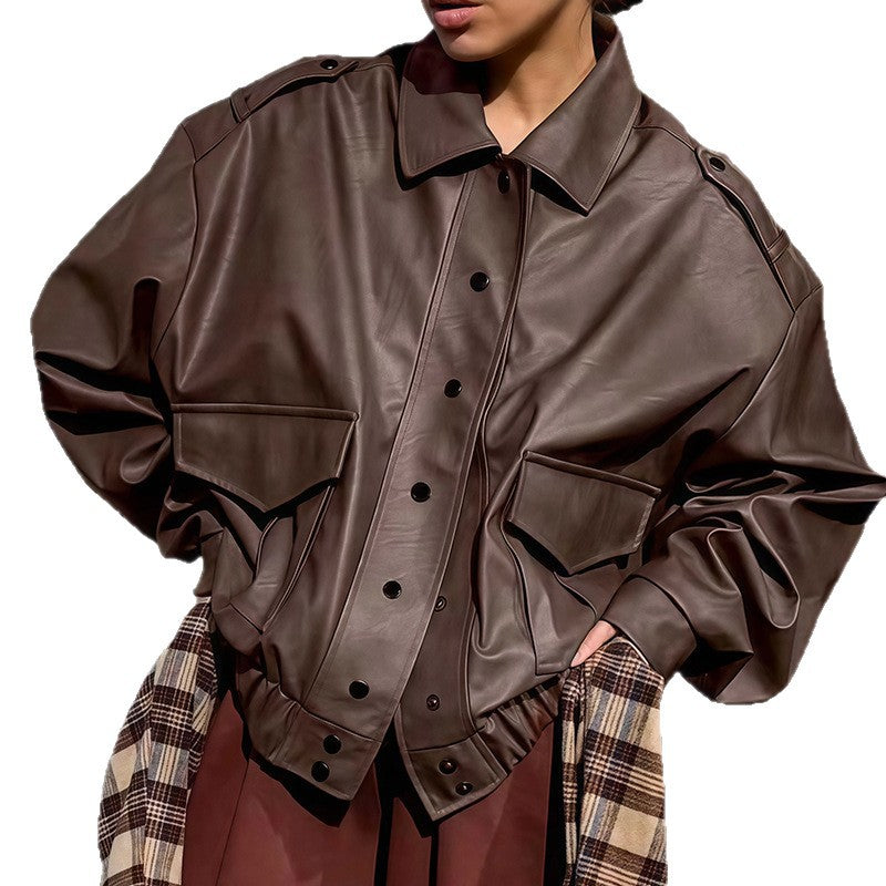 Damen Oversized Kunstlederjacke mit dekorativen Taschen und modischer Schnürung Drune