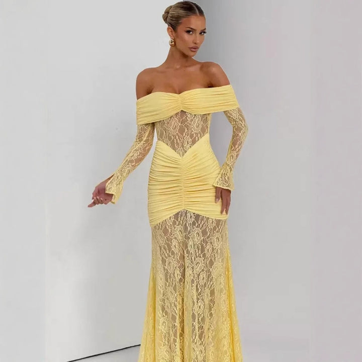 Damen Elegantes Langarm-Spitzenkleid mit Raffungen und schulterfreiem Design Drune