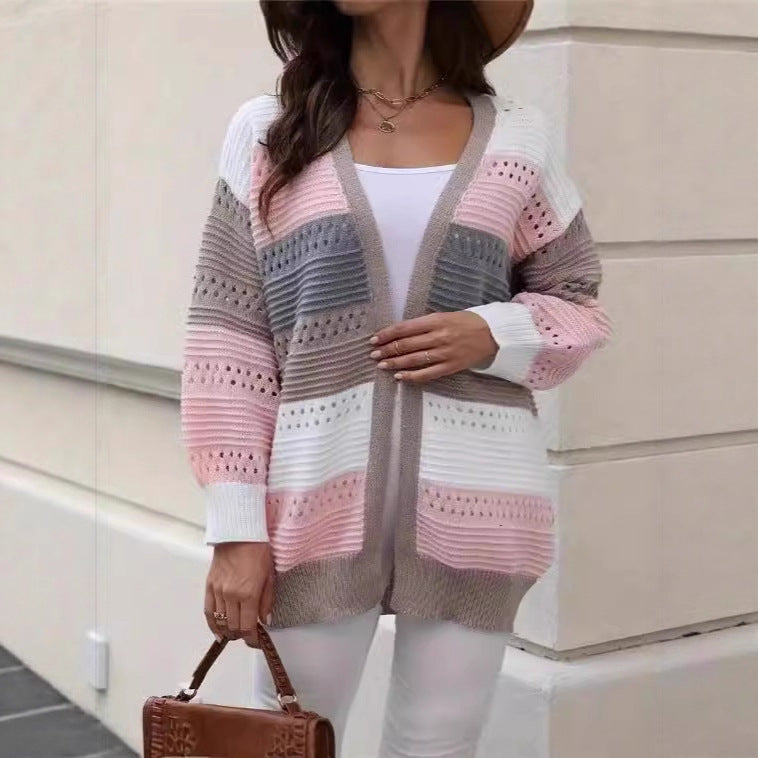 Damen Großer Strickcardigan mit einzigartigem Lochmuster und Farbblockdesign Drune