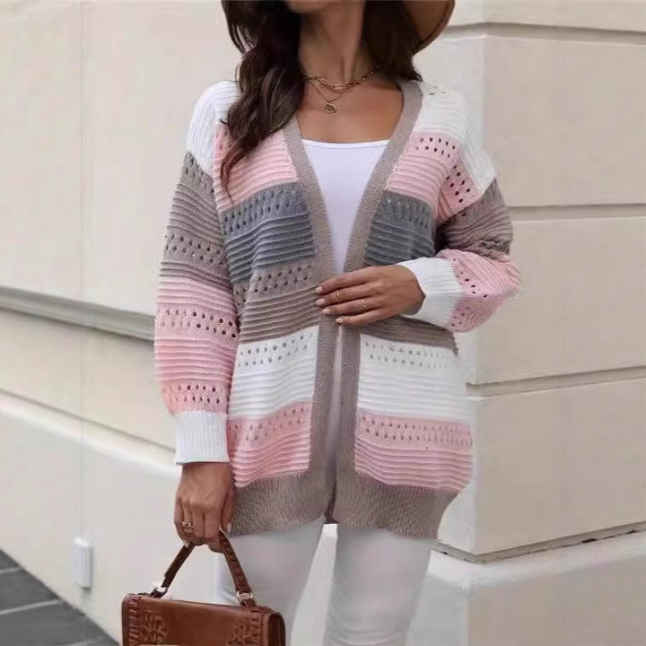 Damen Großer Strickcardigan mit einzigartigem Lochmuster und Farbblockdesign Drune