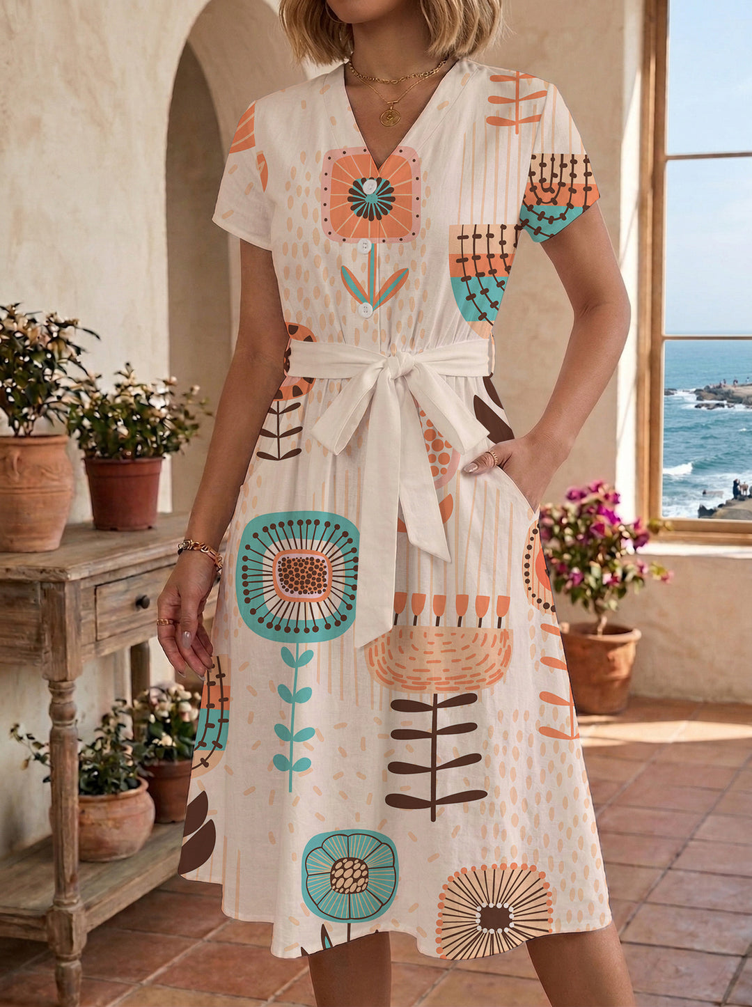 Damen Midikleid mit farbenfrohem Blumendesign und taillierbarem Bindegürtel Drune