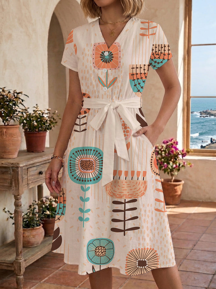 Damen Midikleid mit farbenfrohem Blumendesign und taillierbarem Bindegürtel Drune