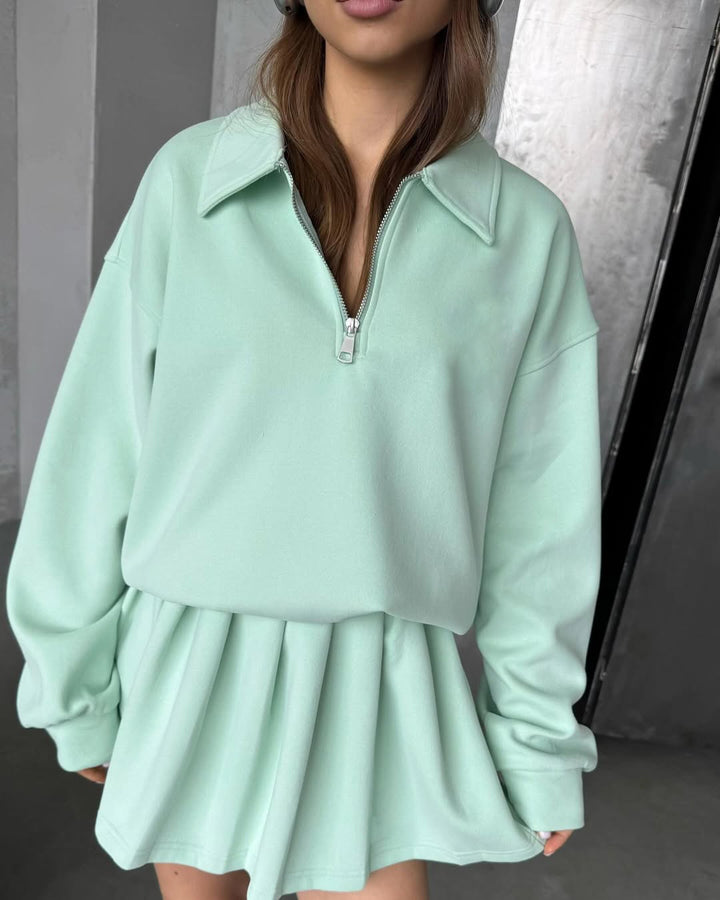 Damen Sportliches Sweatshirt mit Zipper und passendem Rock Drune