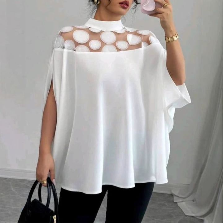 Damen nan elegante Tunika-Bluse mit Stehkragen, transparenter Rund-Applikationspasse und Cape-Ärmeln Drune