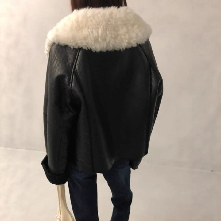 Damen luxuriöse Kunstlederjacke mit weichem Pelzkragen Drune