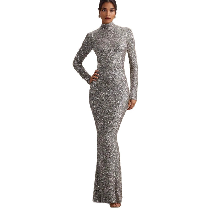 Damen Glitzerndes Abendkleid mit hohem Kragen und figurbetontem Schnitt Drune