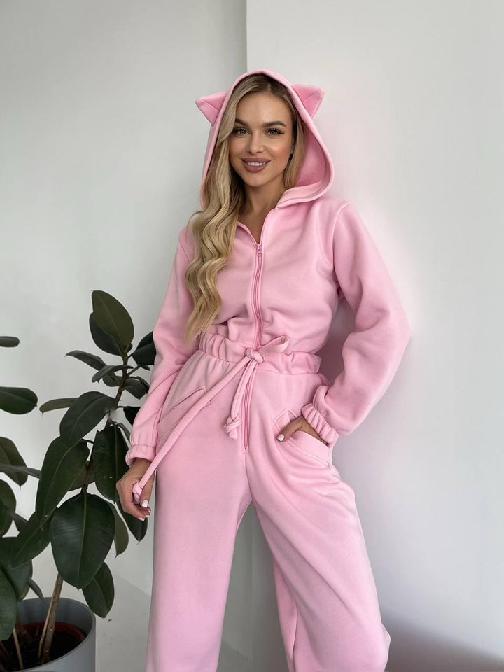 Damen Kuscheliger Jumpsuit mit Känguru-Taschen und Tierohren Drune