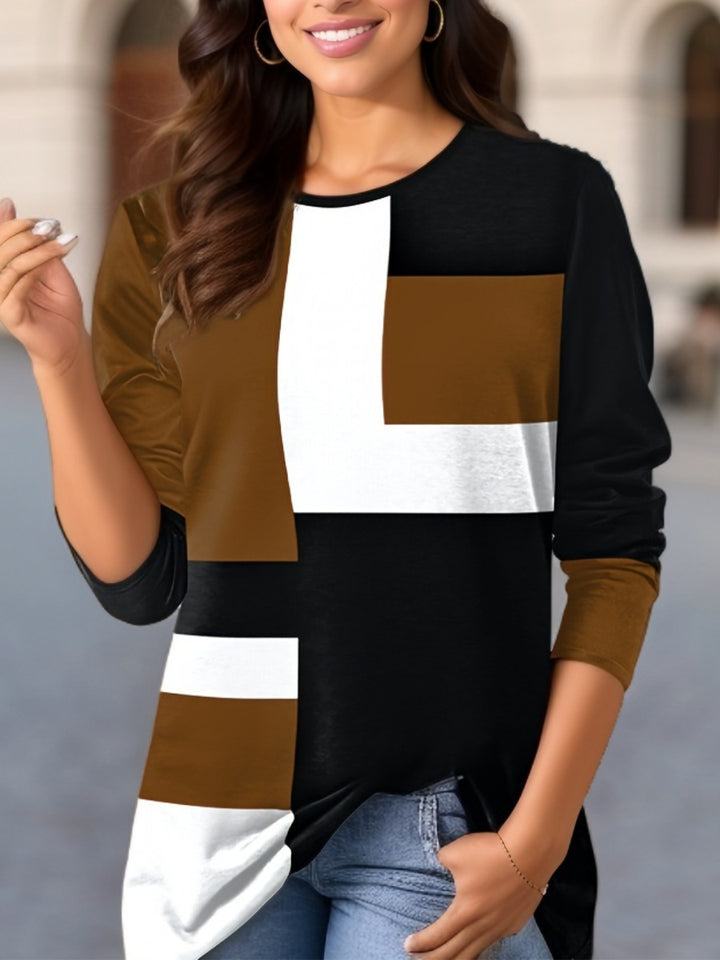 Damen nan geometrisches Colorblock Longsleeve-Tunika-Oberteil mit Rundhalsausschnitt und asymmetrischem Saum Drune