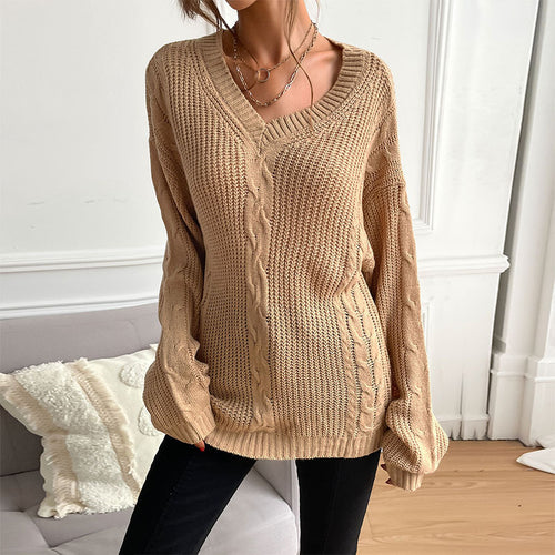 Damen stylischer Strickpullover mit weitem V-Ausschnitt und strukturiertem Rautenmuster Drune