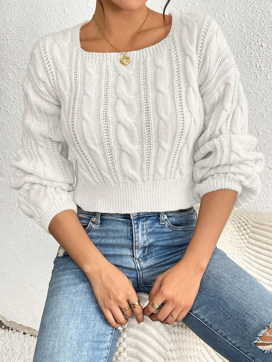 Damen Grobstrickpullover mit modernem Zopfmuster und weitem Rundhalsausschnitt Drune