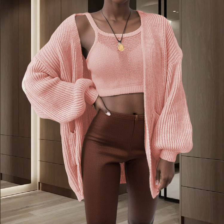 Damen Großer Strickjacke mit voluminösen Ärmeln und praktischen Taschen Drune
