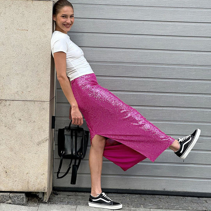 Damen Langer Paillettenrock mit elastischem Bund Drune