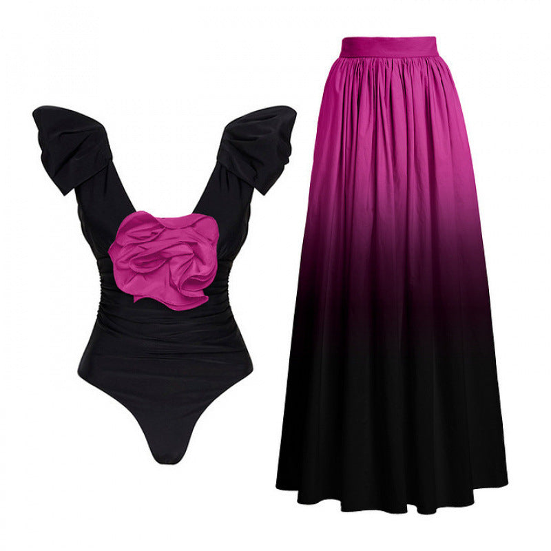 Damen Badeanzug mit elegantem Wickeldetail und langem, ombrefarbigem Rock Drune