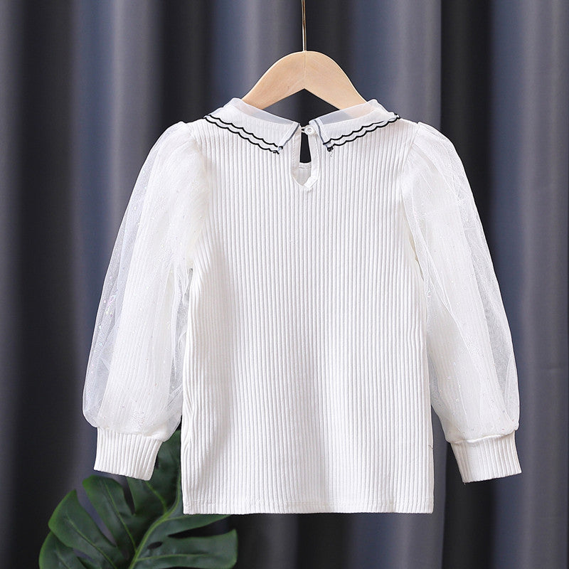 Mädchen Bluse mit transparenter Puffärmel und besticktem Kragen Drune