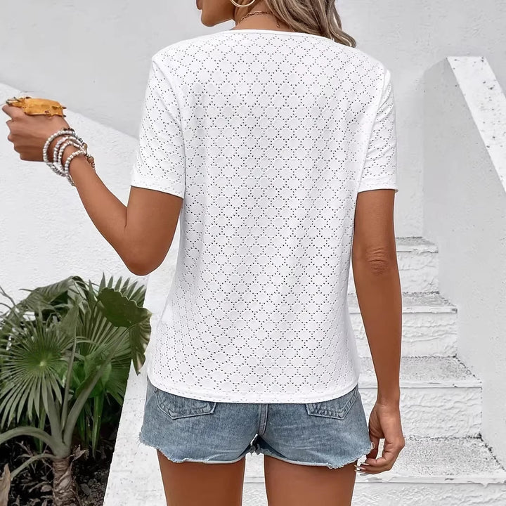 Damen V-Ausschnitt Kurzarm Shirt mit strukturiertem Design Drune