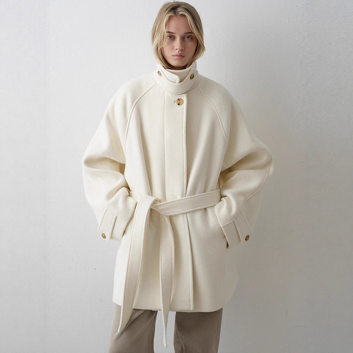Damen Übergroßer Wollmantel mit hohem Kragen und Gürtel Drune