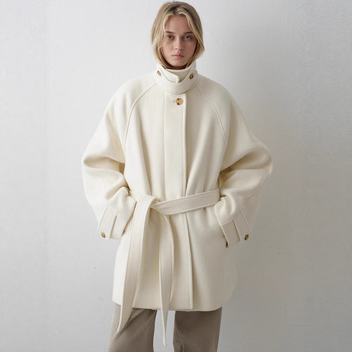 Damen Übergroßer Wollmantel mit hohem Kragen und Gürtel Drune