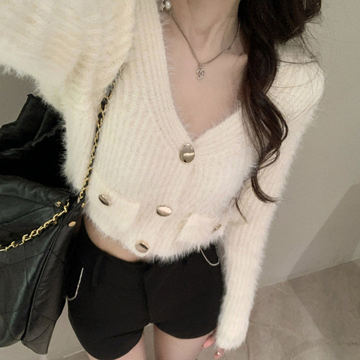 Damen Flauschiger Cardigan mit Knopfdetails und praktischen Taschen Drune