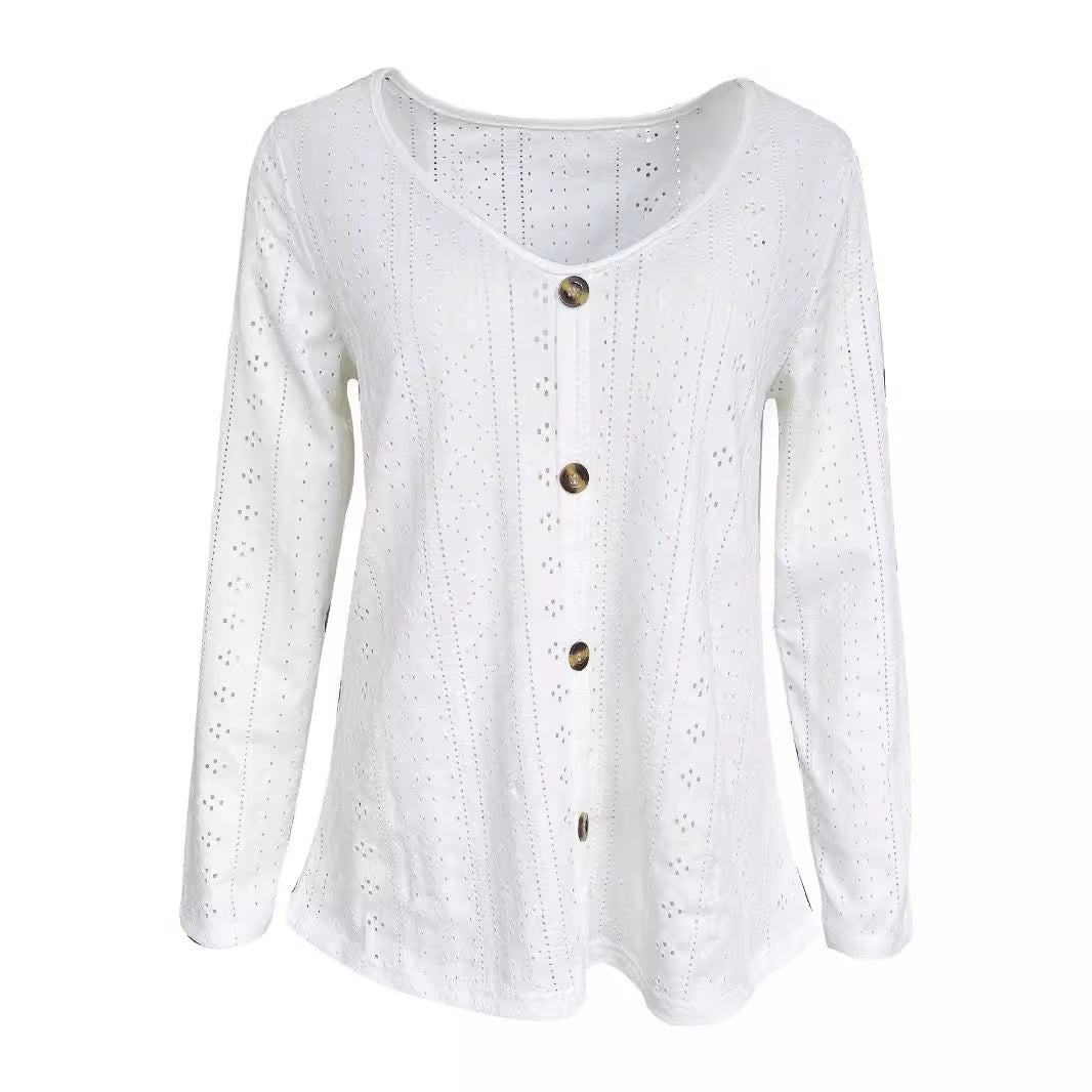 Damen Fein strukturiertes Langarmshirt mit eleganten Knöpfen Drune