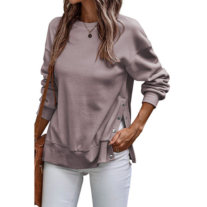 Drune | Pullover Sweatshirt - Lockere Passform - Tunika-Länge - Seitliche Knopfschlitze - Gestrickte Langarm